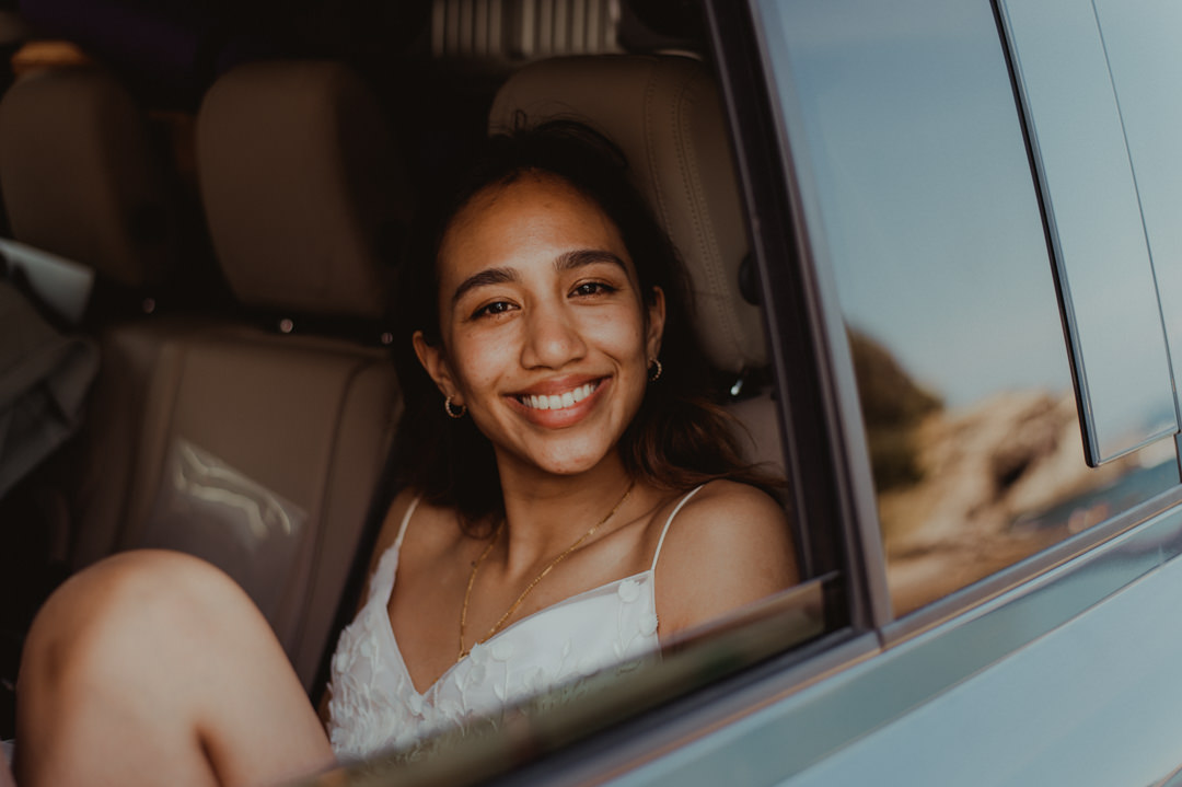 Overland elopement Japan - Bride happy