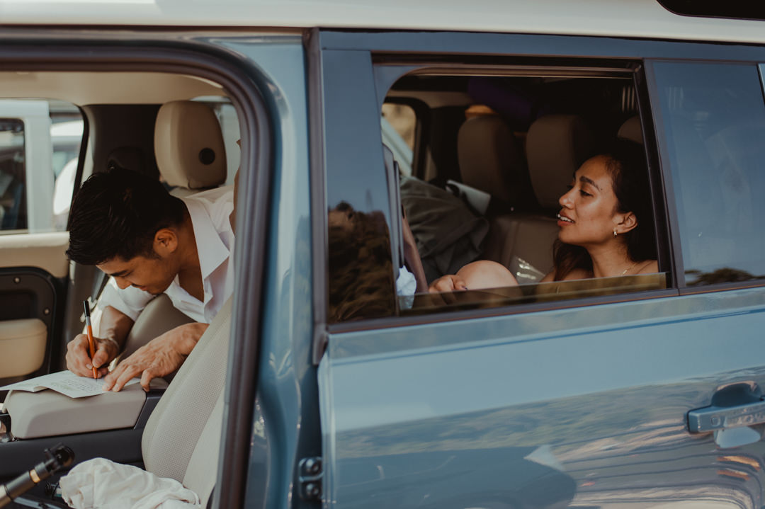 Bride and groom in the car