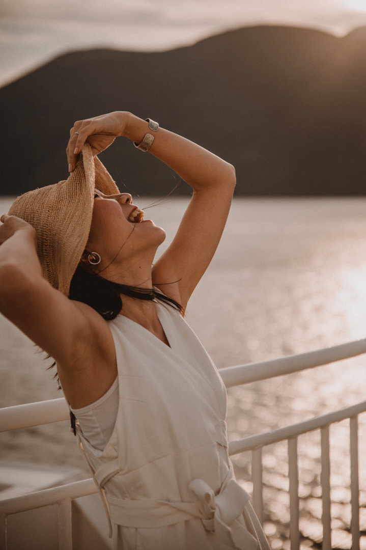 Bride enjoying the rays of the setting sun during the island elopement in Japan