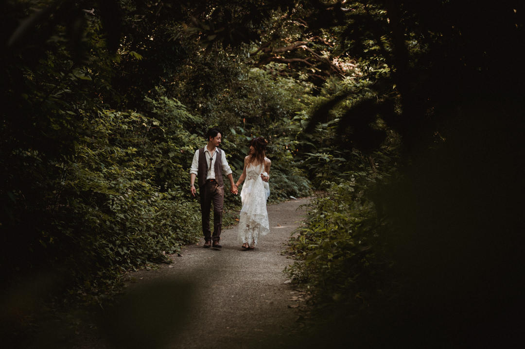 Boho elopement Japan couple walking