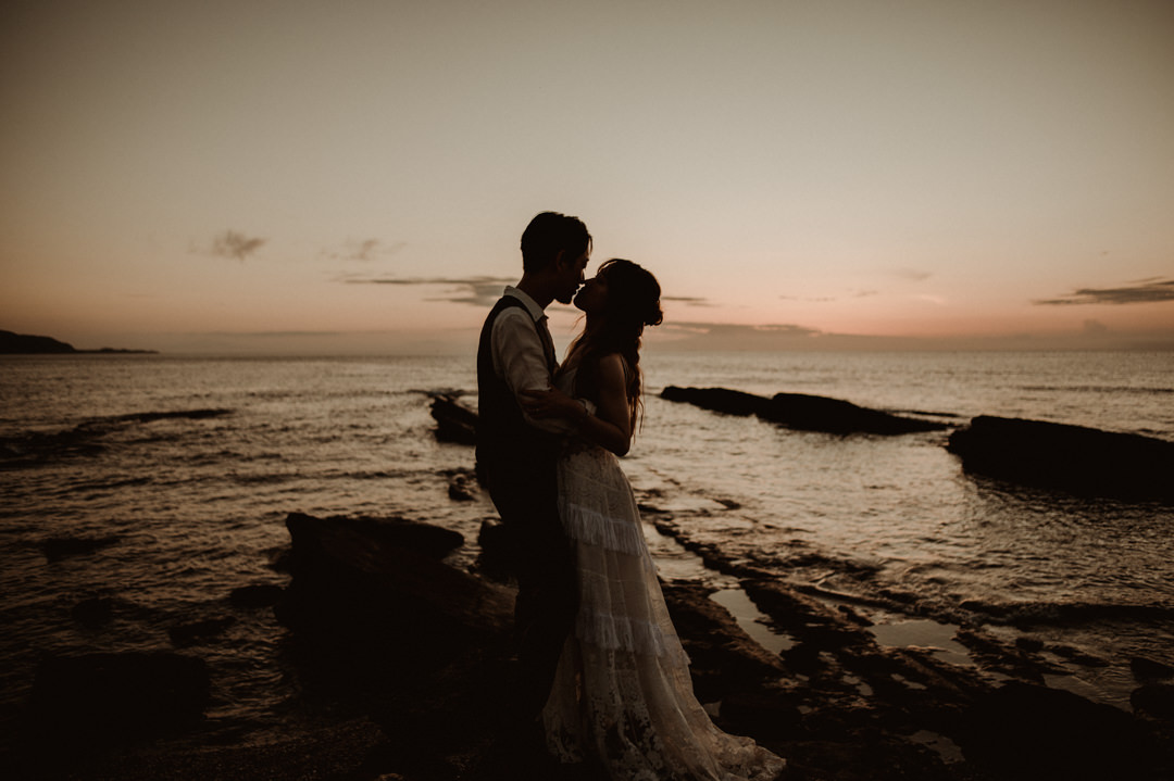 Boho elopement Japan sunset
