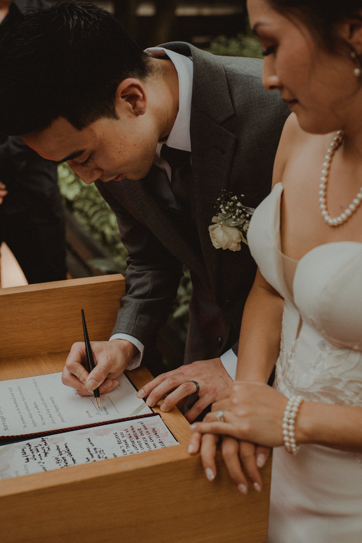 Signing their vows at their ryokan elopement