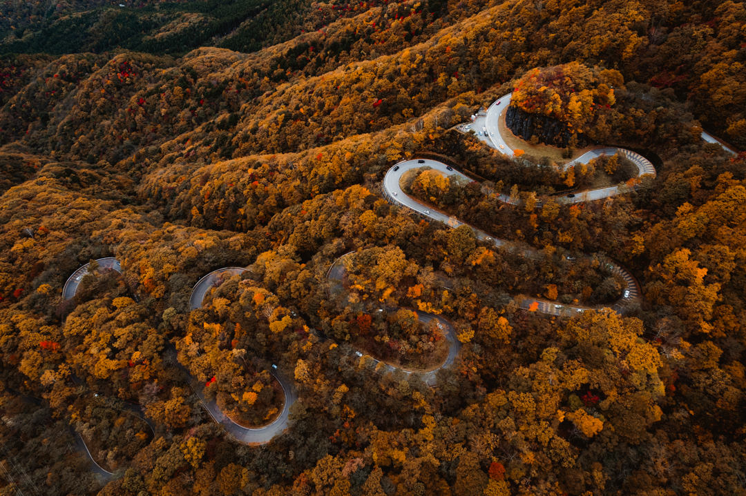 Curvy mountain road on the way to  fall elopement in Japan