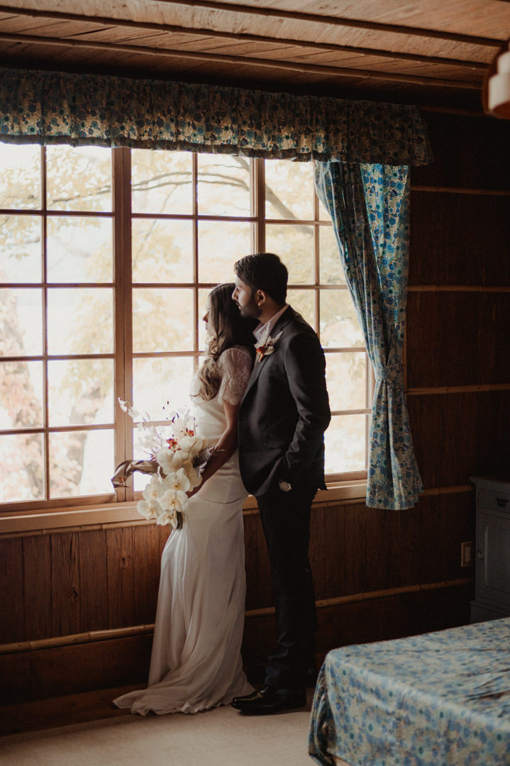 Couple in old Italian Embassy Villa during their fall elopement in Japan 
