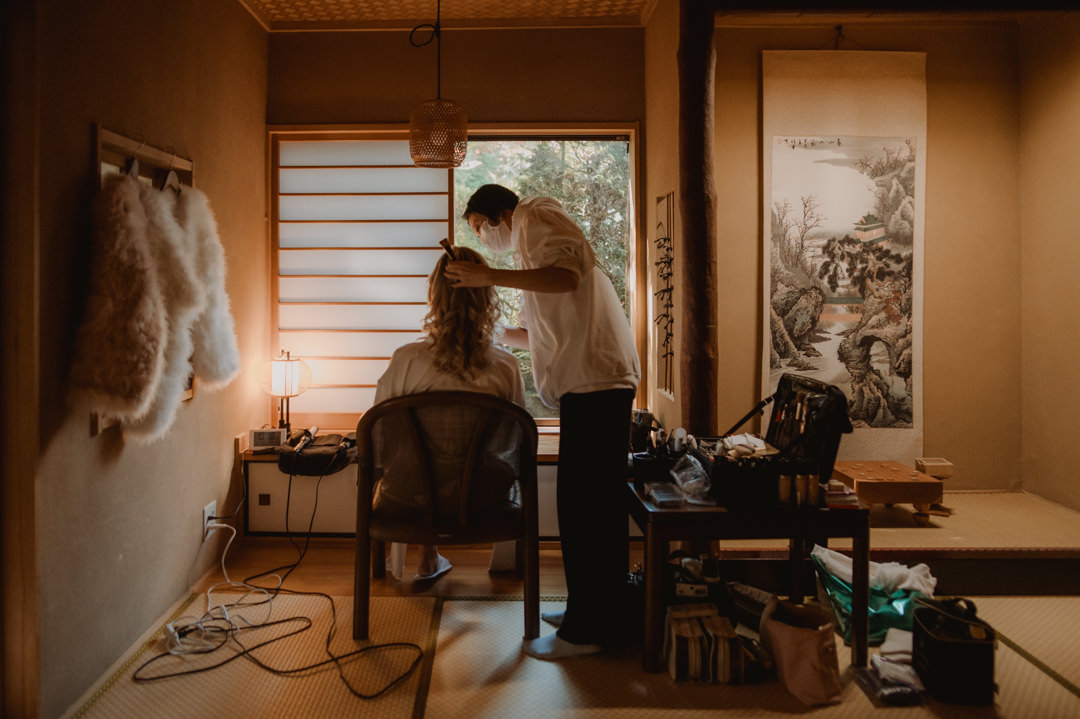 Hakone Elopement - bride is getting hair makeup