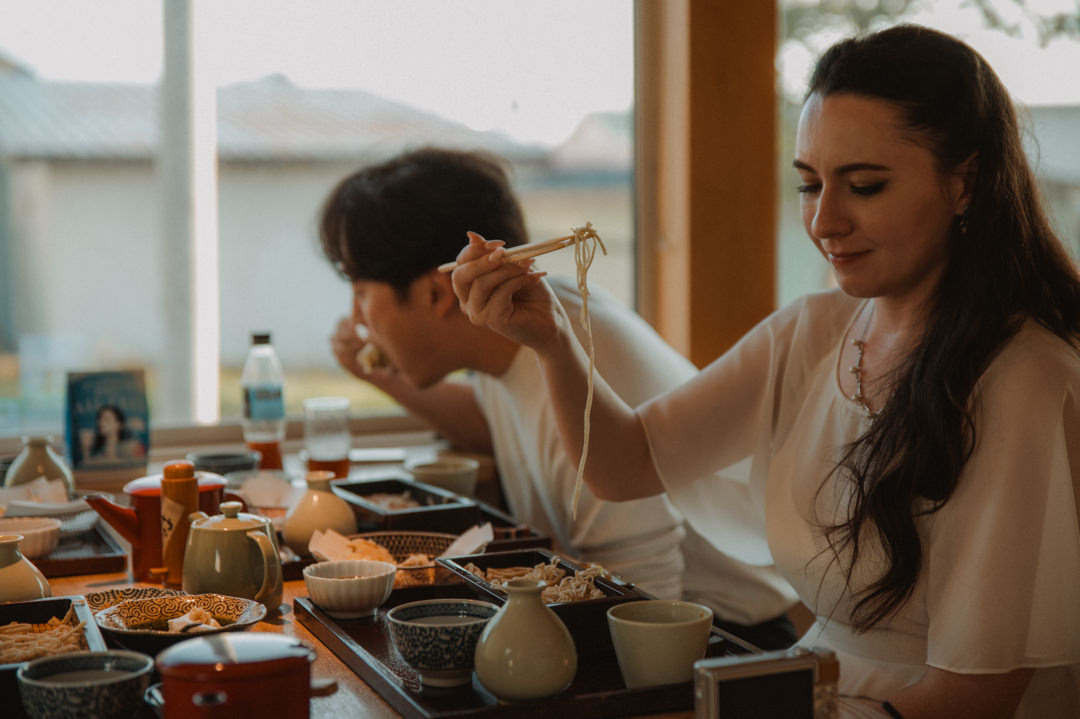 Hokkaido Elopement - Eating Soba noodle at the local restaurant