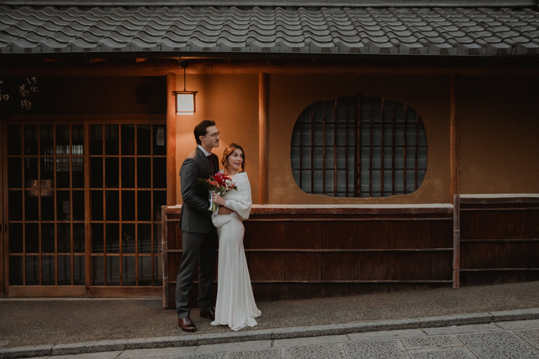 Private Elopement Kyoto - Standing in front of traditional townhouse in Kyoto