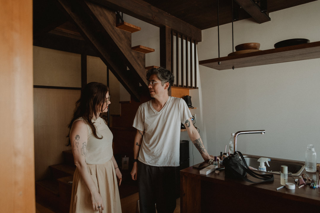 low-key elopement in japan - getting ready at their accommodation in kyoto