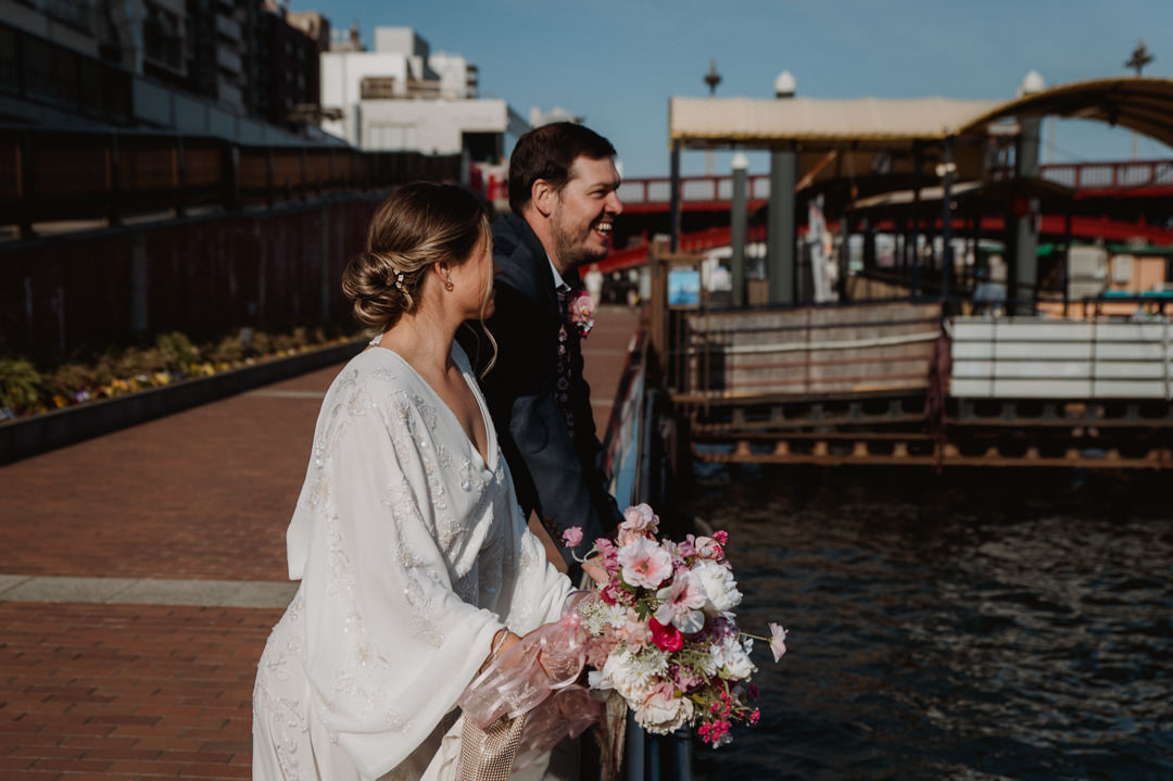 tokyo park elopement - chatting on the river