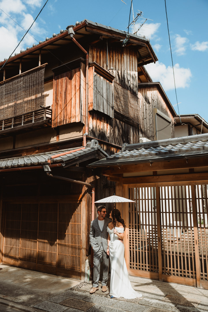 The couple explores an old city in Kyoto.  Jewish Elopement in Japan