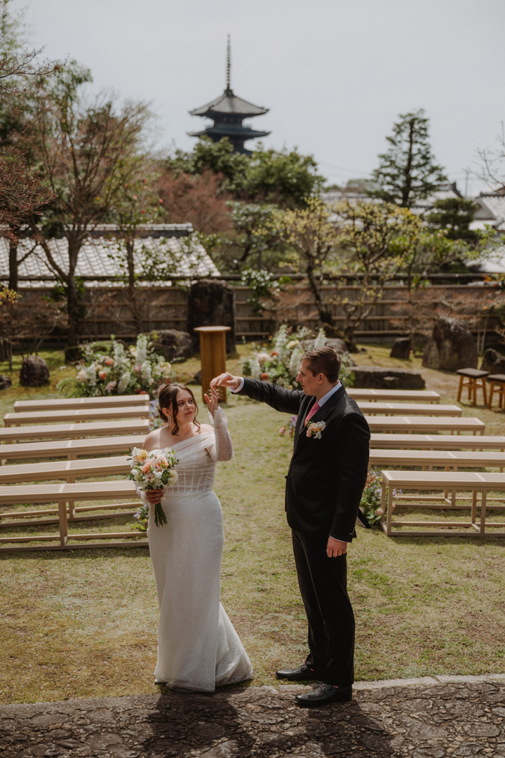 The couple has the ceremony at the venue, Kyoto Garden elopement